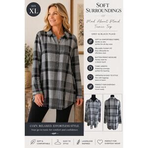 Soft Surroundings Mad About Plaid Tunic Top Grey Black XL Casual Relaxed
